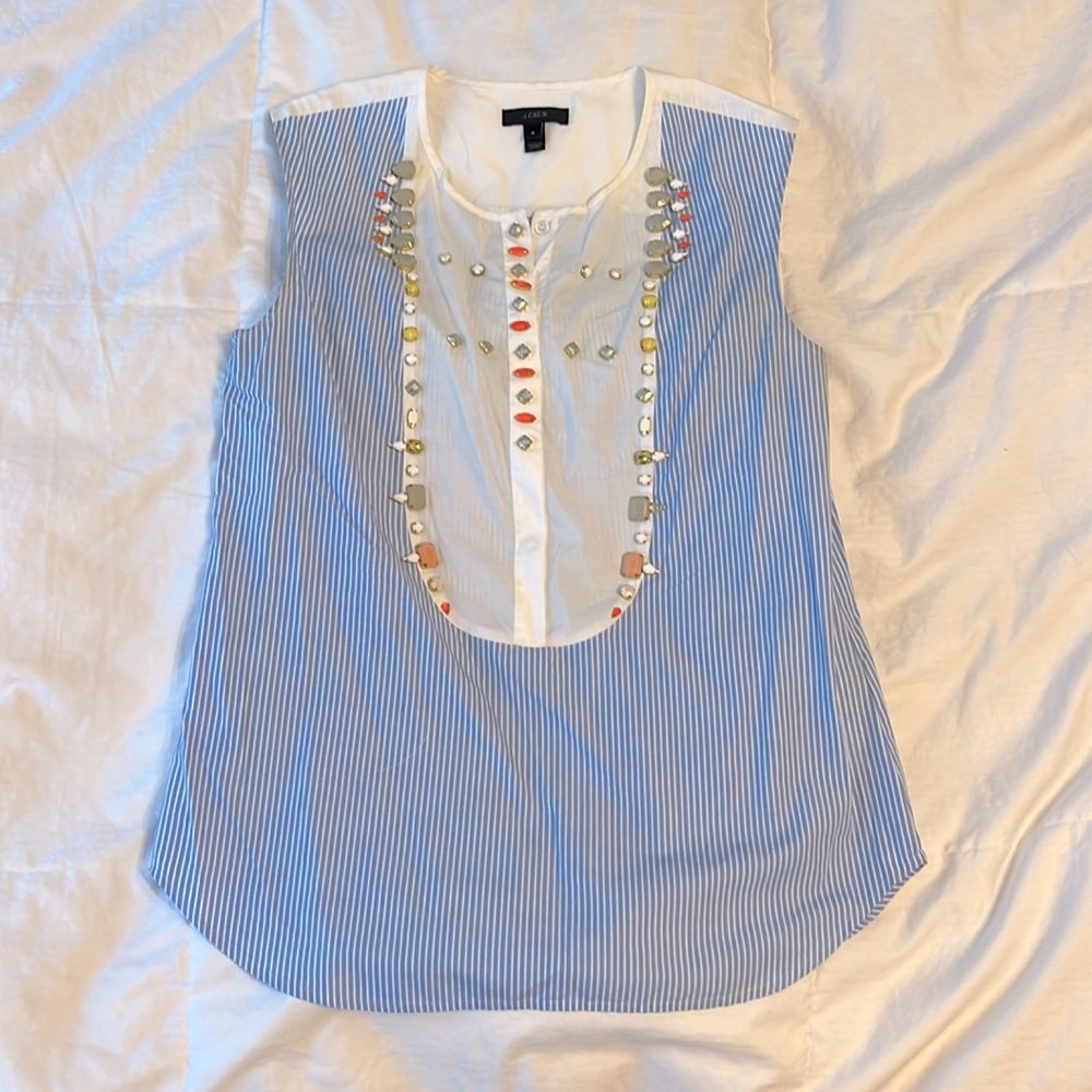 J.Crew, size 4, blue and white striped blouse with jewels